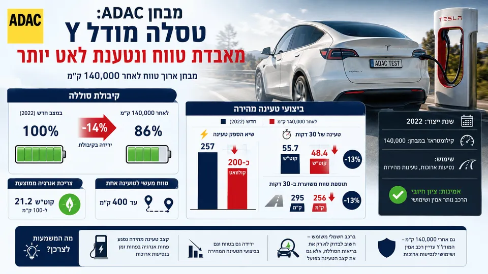 טסלה מודל Y בעמדת טעינה, לצד נתוני ADAC על ירידה בקיבולת הסוללה ובהספק הטעינה לאחר 140 אלף ק״מ.