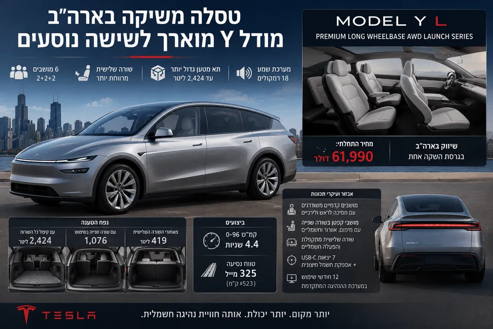 אינפוגרפיקה חדשותית המציגה את Tesla Model Y L המוארך בארה״ב, עם רכב חשמלי כסוף, תצוגת פנים של שישה מושבים, נתוני טווח, ביצועים, נפח מטען ומחיר פתיחה של 61,990 דולר.