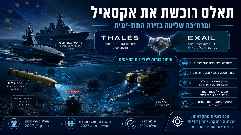 אינפוגרפיקה חדשותית המציגה את רכישת Exail על ידי Thales, עם כלי שיט בלתי מאויש, רובוטים תת־ימיים, סונאר, מוקשים ימיים, ספינת קרב ודגל האיחוד האירופי, לצד כותרות בעברית על הרחבת השליטה בזירה התת־ימית.