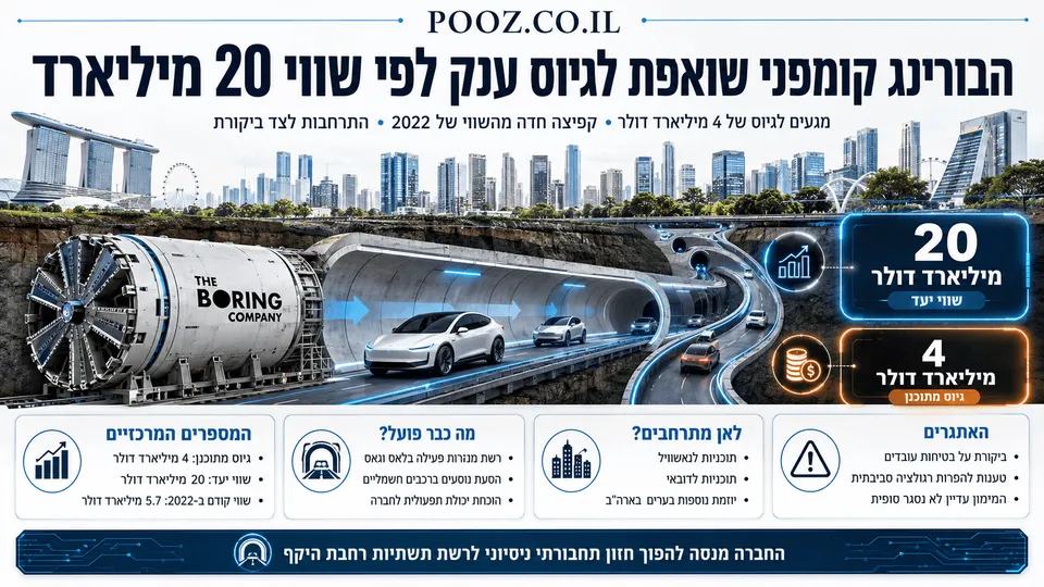 מכונת כרייה של The Boring Company לצד רשת מנהרות תחבורה תת־קרקעיות ורכבים חשמליים, עם הדגשה של גיוס מתוכנן בהיקף 4 מיליארד דולר ושווי יעד של 20 מיליארד דולר.