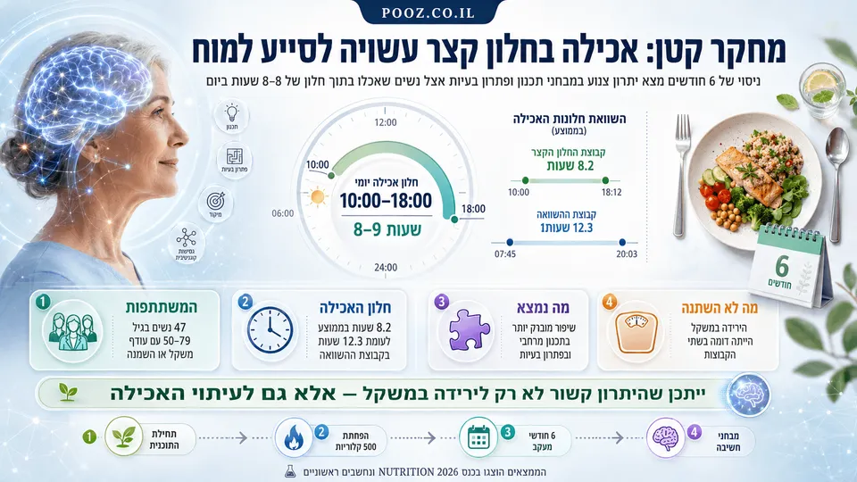 אישה מבוגרת בפרופיל עם הדמיית מוח זוהרת, לצד שעון המציג חלון אכילה בין 10:00 ל-18:00, ארוחה בריאה ונתוני מחקר על 47 נשים שבחנו קשר אפשרי בין עיתוי האכילה לתכנון ולפתרון בעיות.
