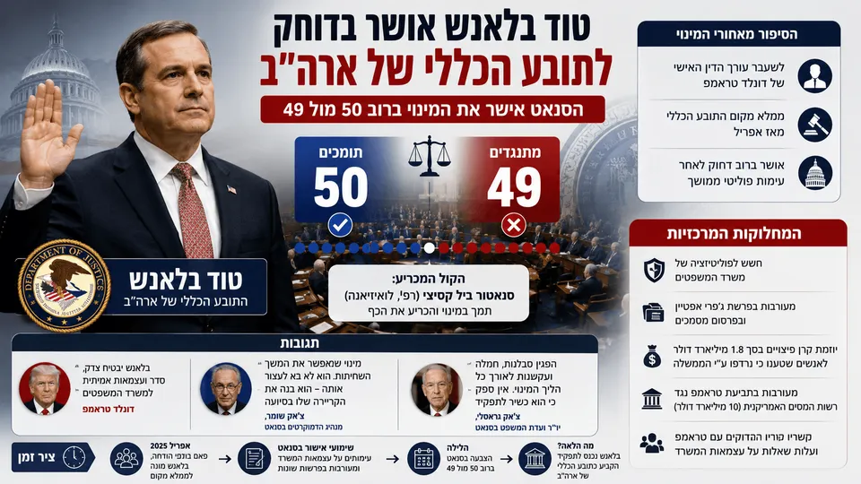 אינפוגרפיקה בעברית המציגה את טוד בלאנש לצד בניין הקפיטול וסמל משרד המשפטים האמריקאי, עם תוצאת ההצבעה בסנאט — 50 תומכים מול 49 מתנגדים. התמונה מדגישה את המחלוקת סביב עצמאות משרד המשפטים, קשריו של בלאנש עם דונלד טראמפ והתגובות הפוליטיות למינוי.