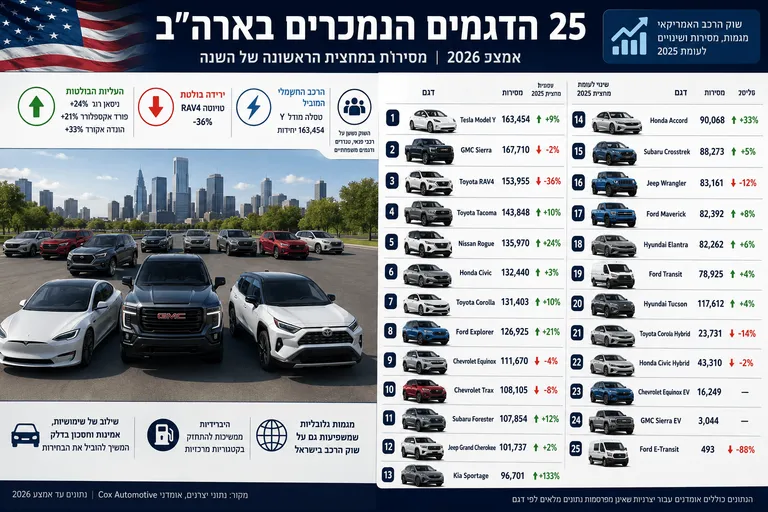 תמונה עבור הכתבה: 25 הדגמים הנמכרים בארה"ב באמצע 2026