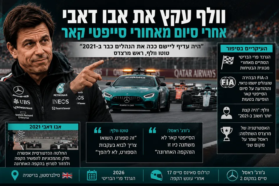 טוטו וולף מוצג באיור חדשותי לצד מכונית בטיחות על מסלול פורמולה 1, עם אזכור לסיום הגרנד פרי הבריטי מאחורי סייפטי קאר ולהשוואה לאירועי אבו דאבי 2021.