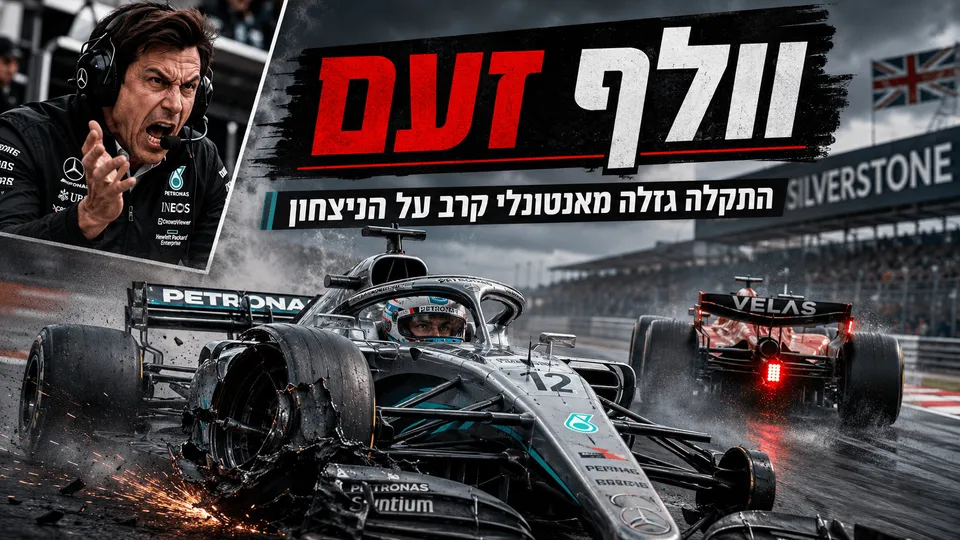 אינפוגרפיקה דרמטית בסגנון חדשות ספורט מוטורי, עם מכונית מרצדס פגועה על מסלול רטוב בסילברסטון, פרארי מלפנים, ותמונה של טוטו וולף כועס בפינת התמונה.