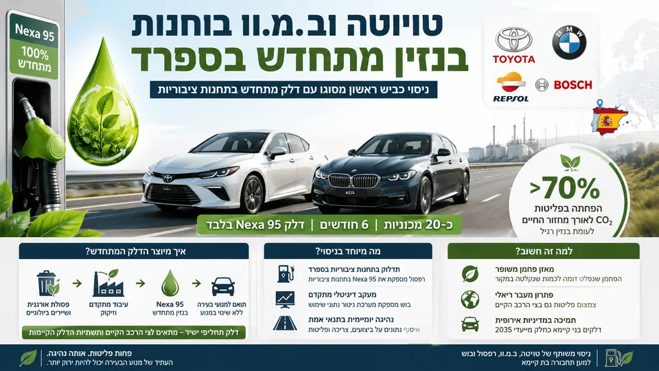 טויוטה וב.מ.וו בוחנות בספרד בנזין מתחדש של רפסול, עם דגש על דלק Nexa 95 והפחתת פליטות לעומת בנזין רגיל.