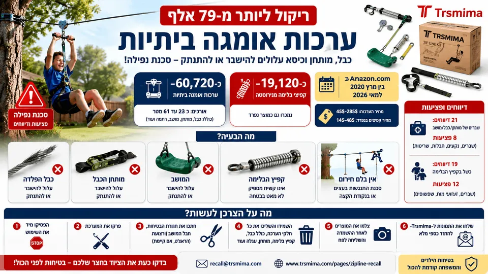 ערכת אומגה ביתית בחצר עם כבל, מושב וקפיץ בלימה, לצד סימון אזהרה בולט שמדגיש ריקול בטיחותי עקב סכנת שבירה, ניתוק ונפילה בזמן שימוש.