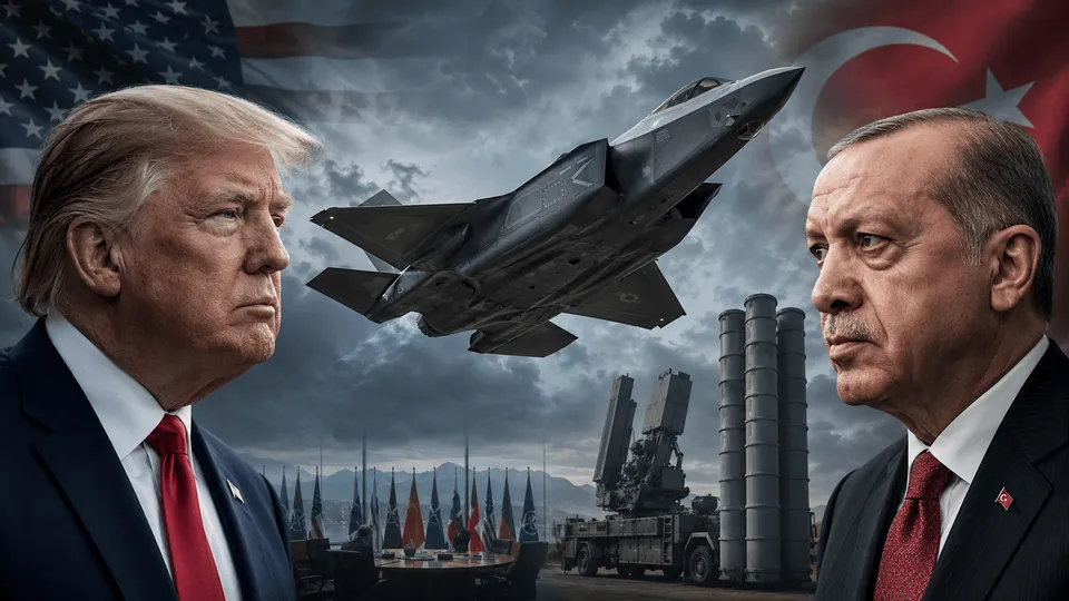 טראמפ וארדואן על רקע מטוס F-35, דגלי ארה״ב וטורקיה ומערכת S-400, כסמל למתח הביטחוני סביב חזרת טורקיה לתוכנית.