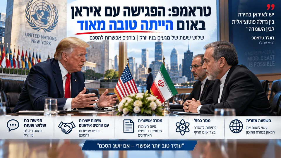 הדמיה של טראמפ ונציגים איראנים בפגישה במטה האו״ם בניו יורק.
