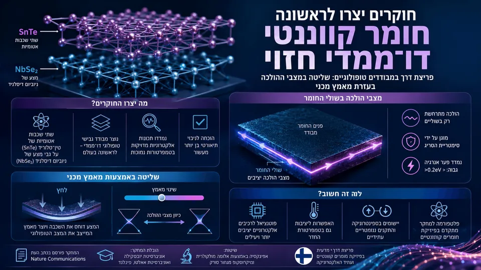 איור מדעי של חומר קוונטי דו־ממדי חדש עם שכבות אטומיות ומצבי הולכה בשולי החומר.