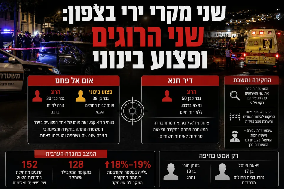שני מקרי ירי בצפון: שני הרוגים ופצוע בינוני
