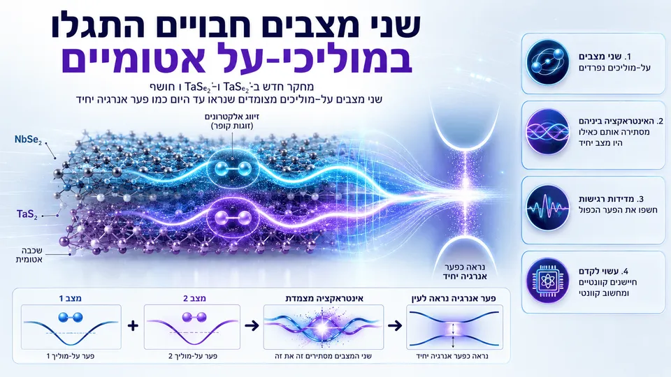 המחשה של שני מצבים על־מוליכים מצומדים בחומרים האטומיים NbSe₂ ו-TaS₂, הנראים כלפי חוץ כפער אנרגיה יחיד.
