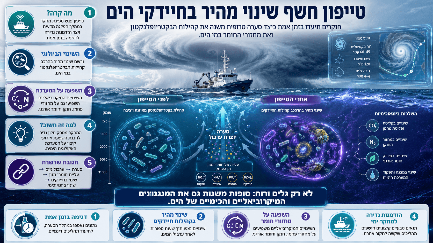 ספינת מחקר בתוך טייפון, לצד המחשה של שינוי מהיר בקהילות חיידקי הים ובמחזורי החומר.