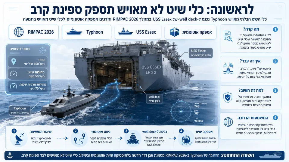כלי השיט הבלתי מאויש Typhoon נכנס לסיפון הפנימי של USS Essex במסגרת משימת אספקה אוטונומית בתרגיל RIMPAC 2026.