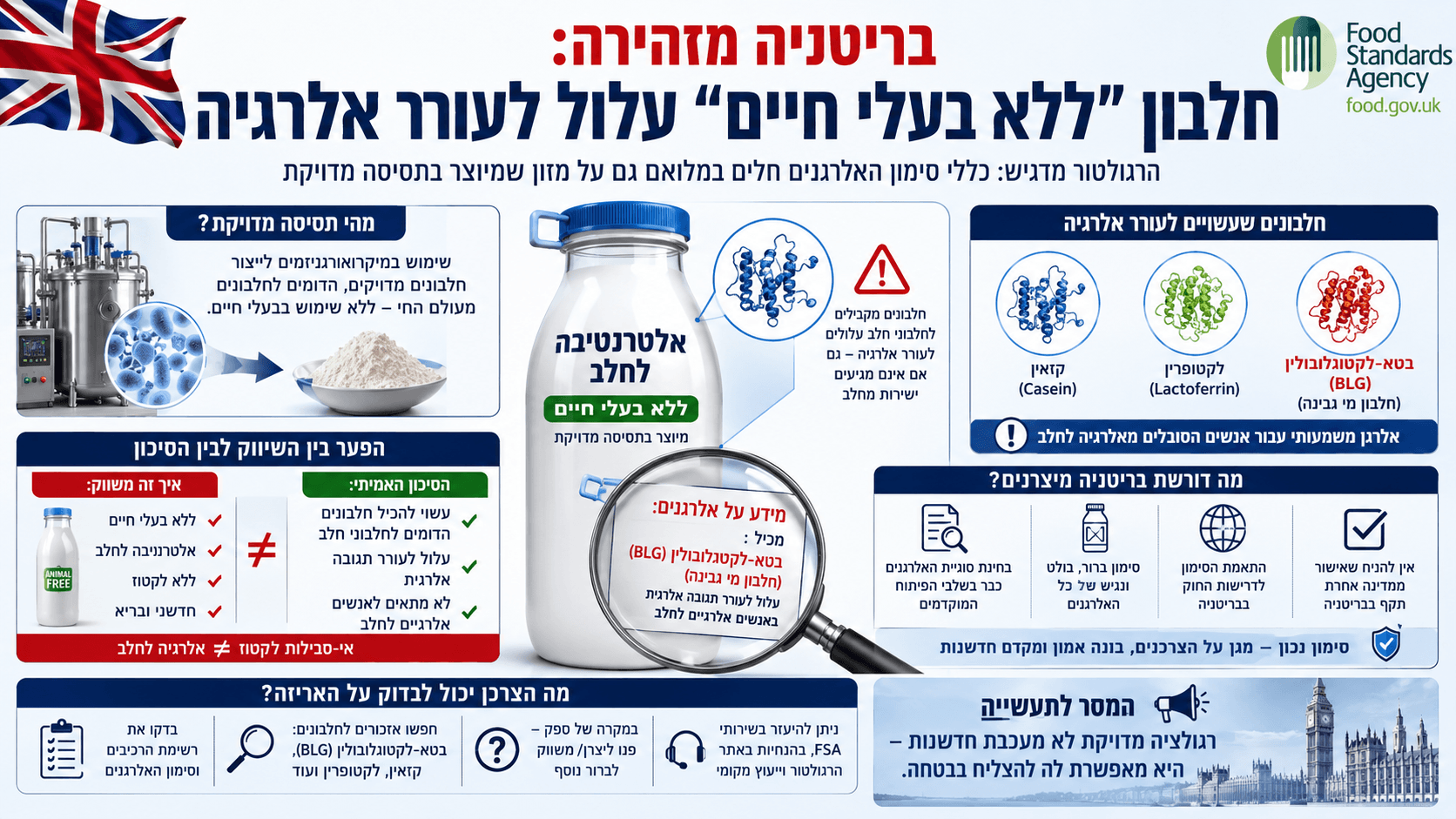 מוצר חלבון המיוצר בתסיסה מדויקת לצד סימון אלרגנים לחלב והמחשת הסיכון במוצרים המשווקים כ״ללא בעלי חיים״.