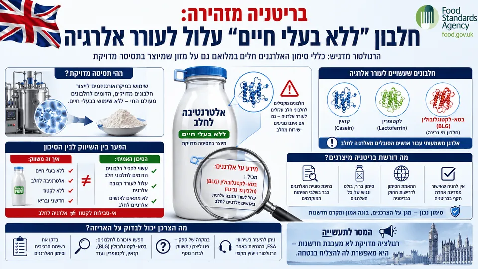 מוצר חלבון המיוצר בתסיסה מדויקת לצד סימון אלרגנים לחלב והמחשת הסיכון במוצרים המשווקים כ״ללא בעלי חיים״.