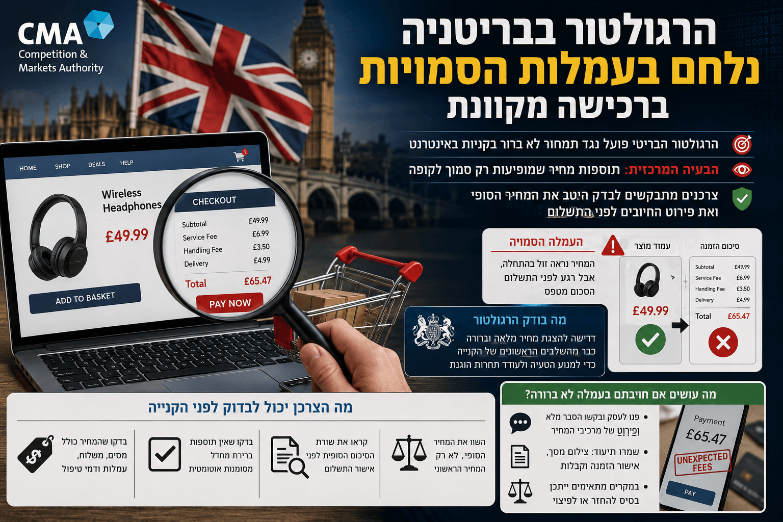 תמונה חדשותית צרכנית המציגה קנייה מקוונת במחשב נייד, זכוכית מגדלת החושפת עמלות נוספות בקופה, דגל בריטניה וברקע סמלי רגולציה והגנת צרכן, כמטאפורה למאבק של ה־CMA בתמחור מטעה ובעמלות סמויות ברכישה באינטרנט.