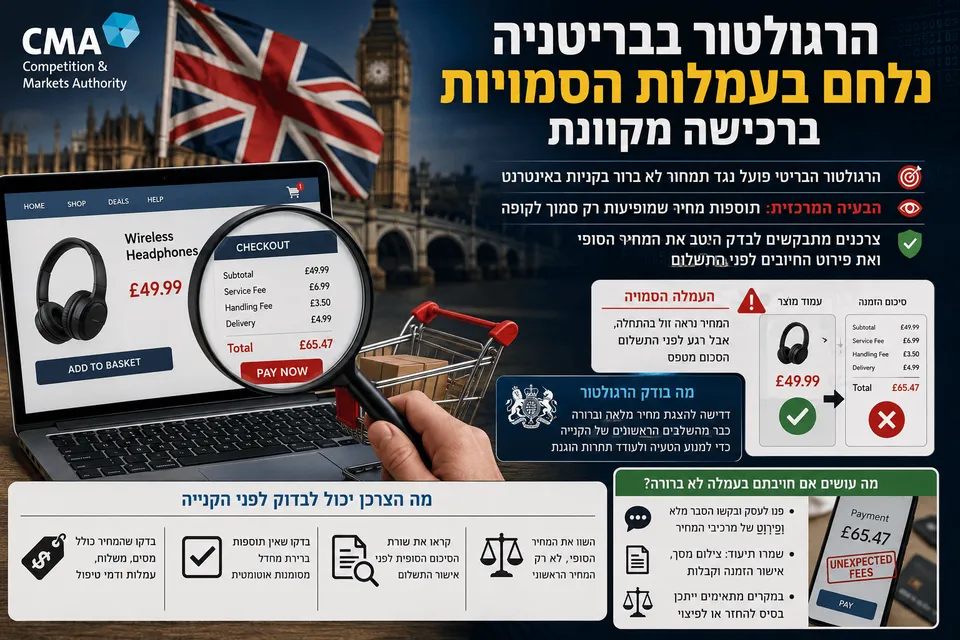 תמונה חדשותית צרכנית המציגה קנייה מקוונת במחשב נייד, זכוכית מגדלת החושפת עמלות נוספות בקופה, דגל בריטניה וברקע סמלי רגולציה והגנת צרכן, כמטאפורה למאבק של ה־CMA בתמחור מטעה ובעמלות סמויות ברכישה באינטרנט.