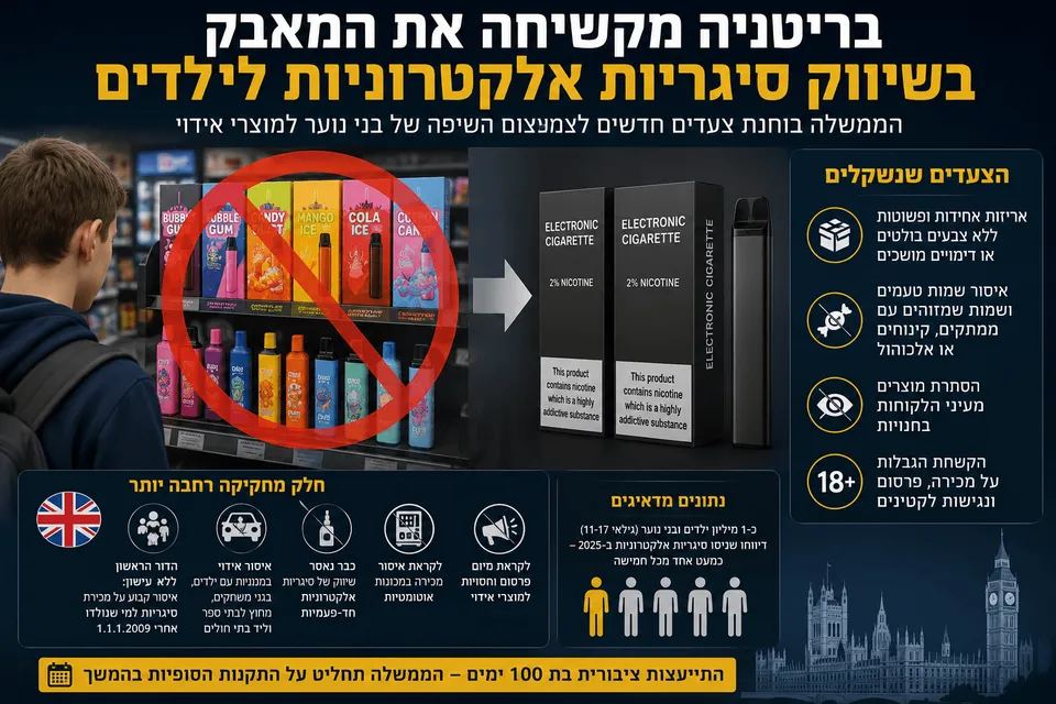 השוואה בין סיגריות אלקטרוניות צבעוניות באריזות המזכירות ממתקים לבין אריזות שחורות ואחידות שמציעה ממשלת בריטניה. ברקע נראה נער מול תצוגת מוצרי אידוי בחנות, לצד סמלי איסור, הגבלת גיל והסתרת המוצרים מעיני הלקוחות.