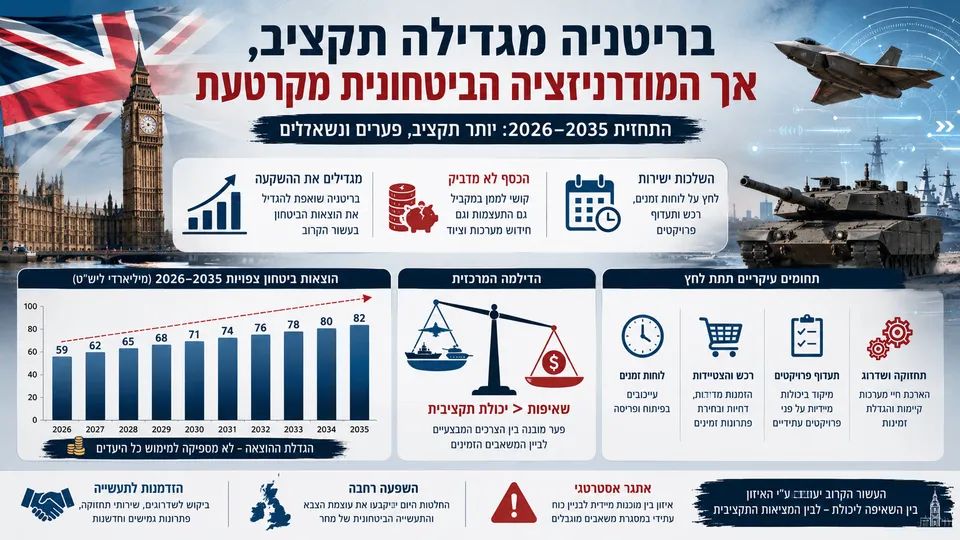 המחשה של תקציב הביטחון הבריטי לצד מטוס קרב, טנק, ספינות וגרף הוצאות לשנים 2026–2035.
