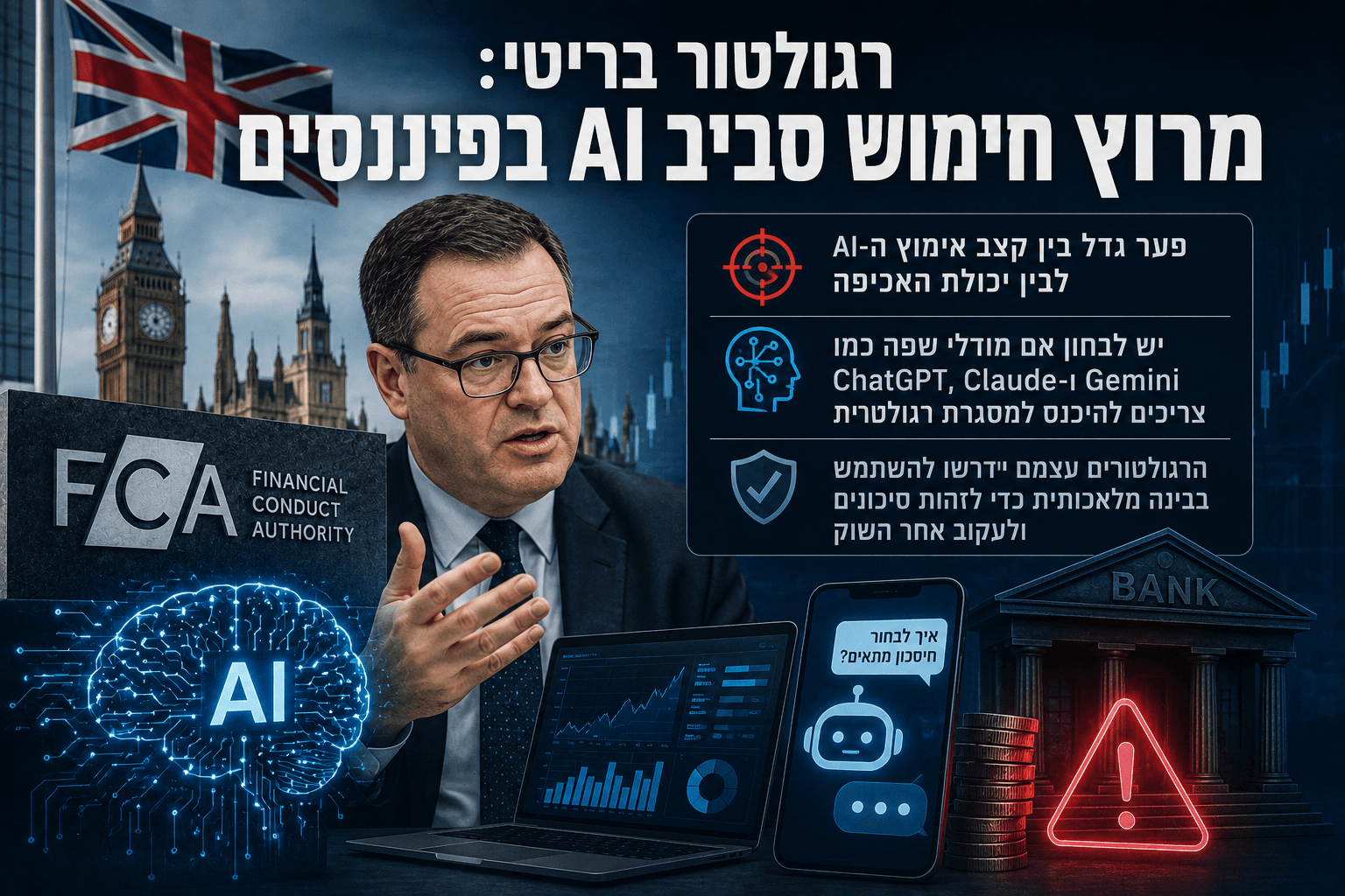 אינפוגרפיקה חדשותית המציגה בכיר ברגולטור הפיננסי הבריטי לצד סמל FCA, דגל בריטניה, ביג בן, מוח AI דיגיטלי, גרפים פיננסיים וסמל אזהרה בנקאי, כסמל לחשש מפער בין קצב אימוץ הבינה המלאכותית בפיננסים לבין יכולת הפיקוח.