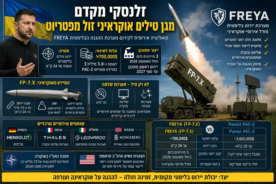 נשיא אוקראינה וולודימיר זלנסקי לצד מערכת ההגנה הבליסטית FREYA ומשגר של המיירט האוקראיני FP-7.X בעת שיגור. בתמונה מוצגים מכ"ם, מערכות שליטה ובקרה, שותפות תעשייתיות מאירופה והשוואה בין עלות יירוט משוערת של כ־700 אלף דולר לבין מיירט Patriot PAC-3 יקר יותר.