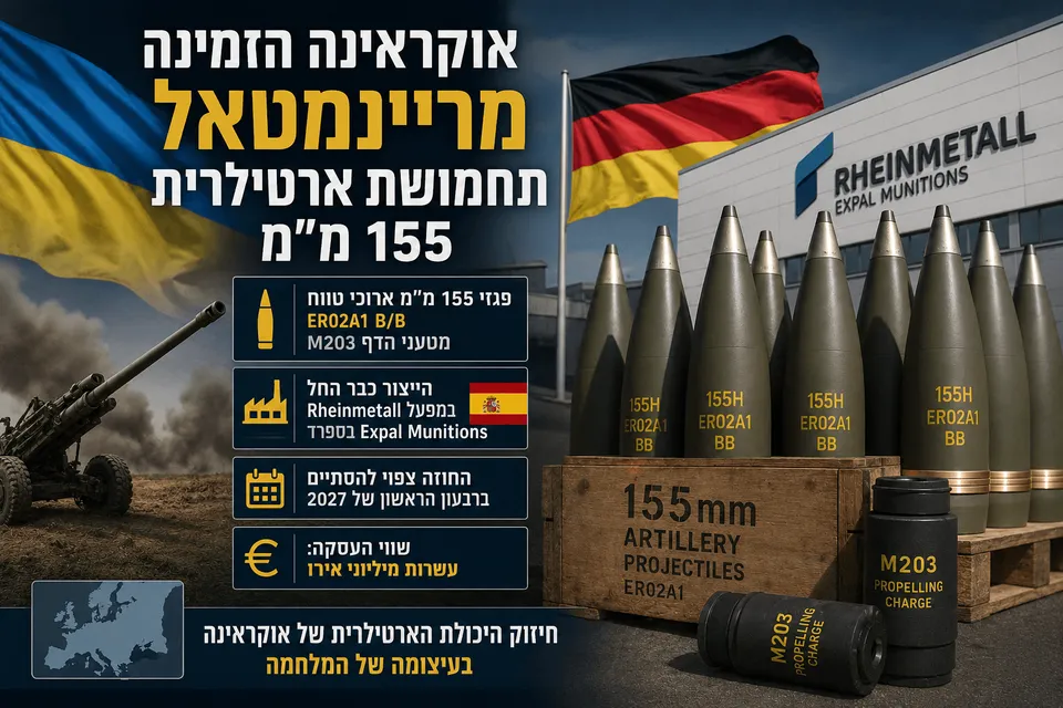 אינפוגרפיקה המציגה פגזי ארטילריה בקוטר 155 מ"מ, דגלי אוקראינה וגרמניה, מפעל Rheinmetall Expal Munitions בספרד ותותח שדה, על רקע הדיווח על חוזה אספקת תחמושת חדש לצבא אוקראינה.