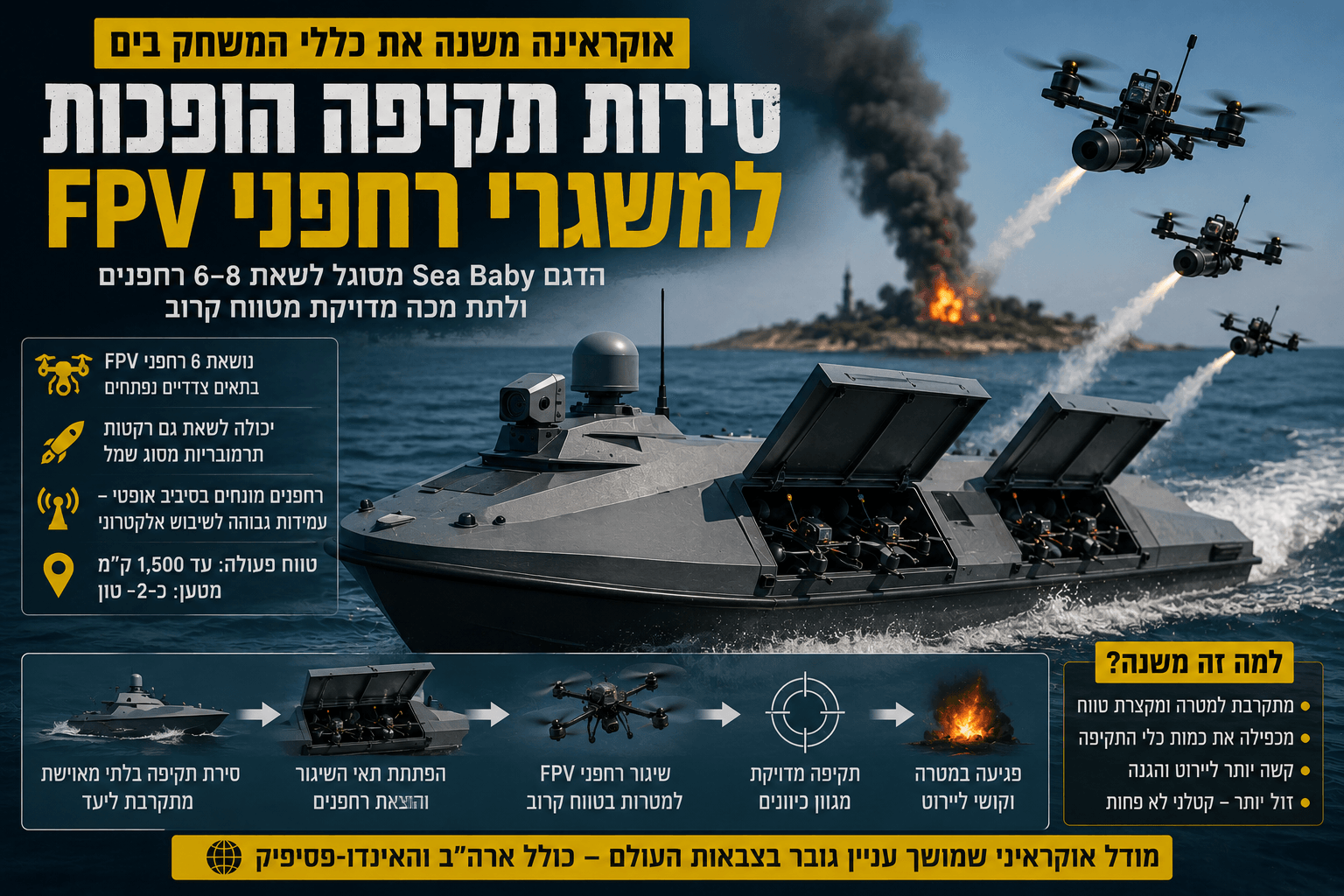 סירת תקיפה בלתי מאוישת מדגם Sea Baby משגרת רחפני FPV במהלך הדמיה של תקיפה ימית במסגרת הלחימה באוקראינה.