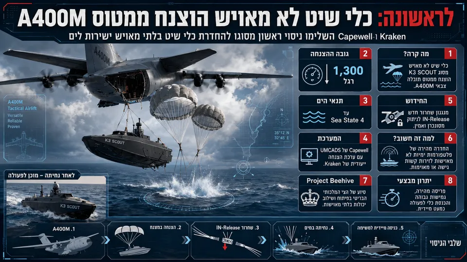 אינפוגרפיקה המציגה כלי שיט לא מאויש K3 SCOUT מוצנח ממטוס תובלה A400M אל הים באמצעות מצנחים, לצד נתוני גובה, תנאי ים ויכולת פריסה מהירה.