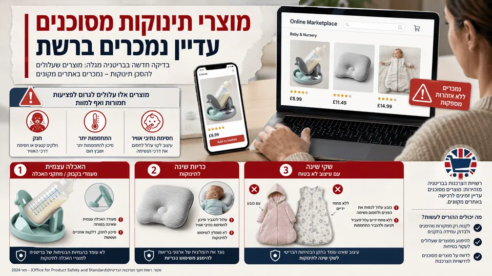 אינפוגרפיקה המציגה מוצרי תינוקות מסוכנים שנמכרים בזירות מסחר מקוונות בבריטניה, כולל אביזרי האכלה עצמית, כריות שינה ושקי שינה לא בטיחותיים.