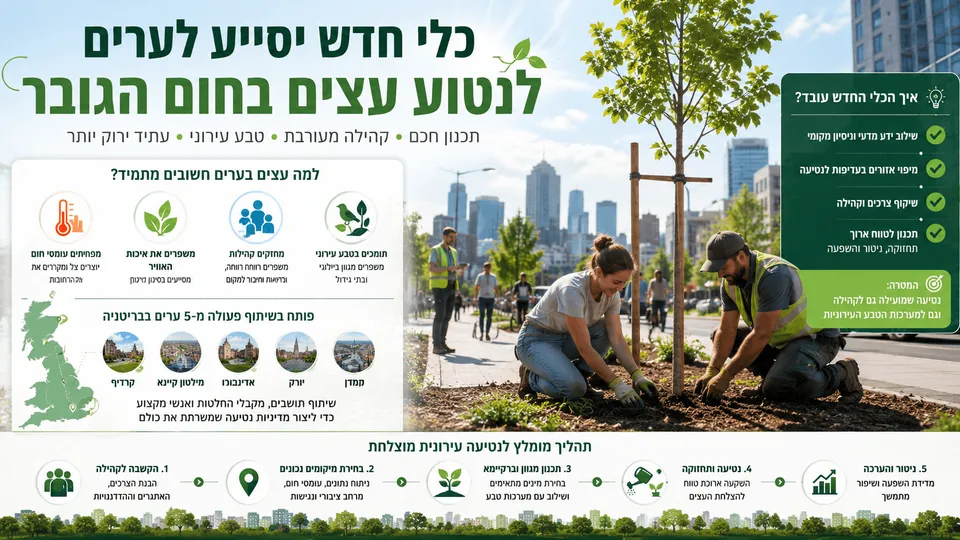 תושבים ואנשי מקצוע נוטעים עצים ברחוב עירוני כחלק מתכנון להפחתת חום ולחיזוק הטבע העירוני.