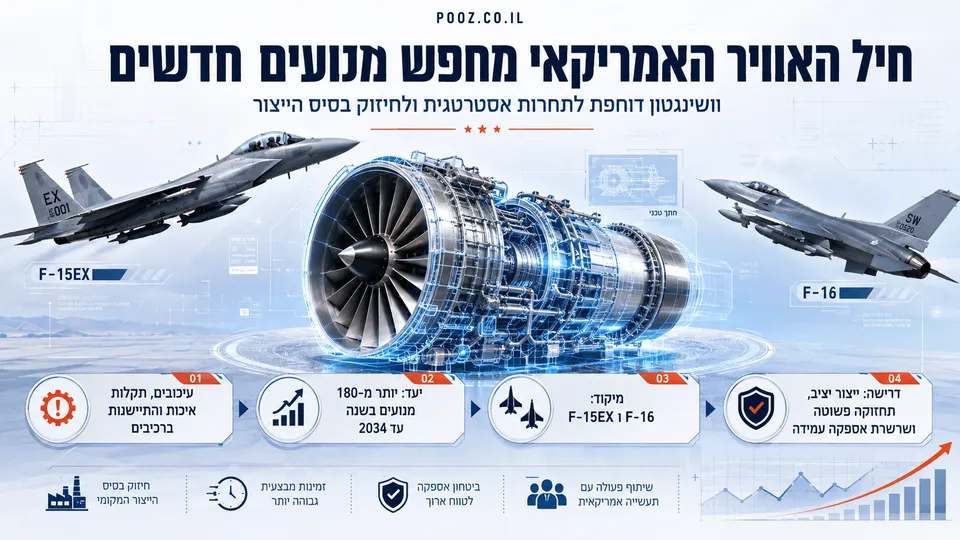 מנוע סילון צבאי מתקדם מוצג בין מטוסי הקרב F-15EX ו-F-16 של חיל האוויר האמריקאי. סביבו מופיעים נתונים על יעד ייצור של יותר מ־180 מנועים בשנה עד 2034, לצד דרישות לאמינות גבוהה, תחזוקה פשוטה ושרשרת אספקה עמידה.