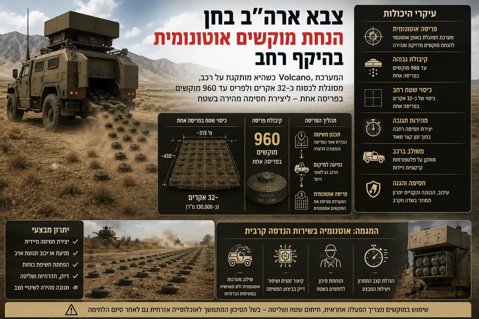 תמונה חדשותית־ביטחונית המציגה רכב צבאי אמריקאי עם מערכת Volcano לפריסת מוקשים בשטח פתוח, לצד שדה מוקשים מסומן, נתוני קיבולת ושטח כיסוי בעברית, ואייקונים המדגישים פריסה אוטונומית, תגובה מהירה וחסימה קרקעית רחבה.