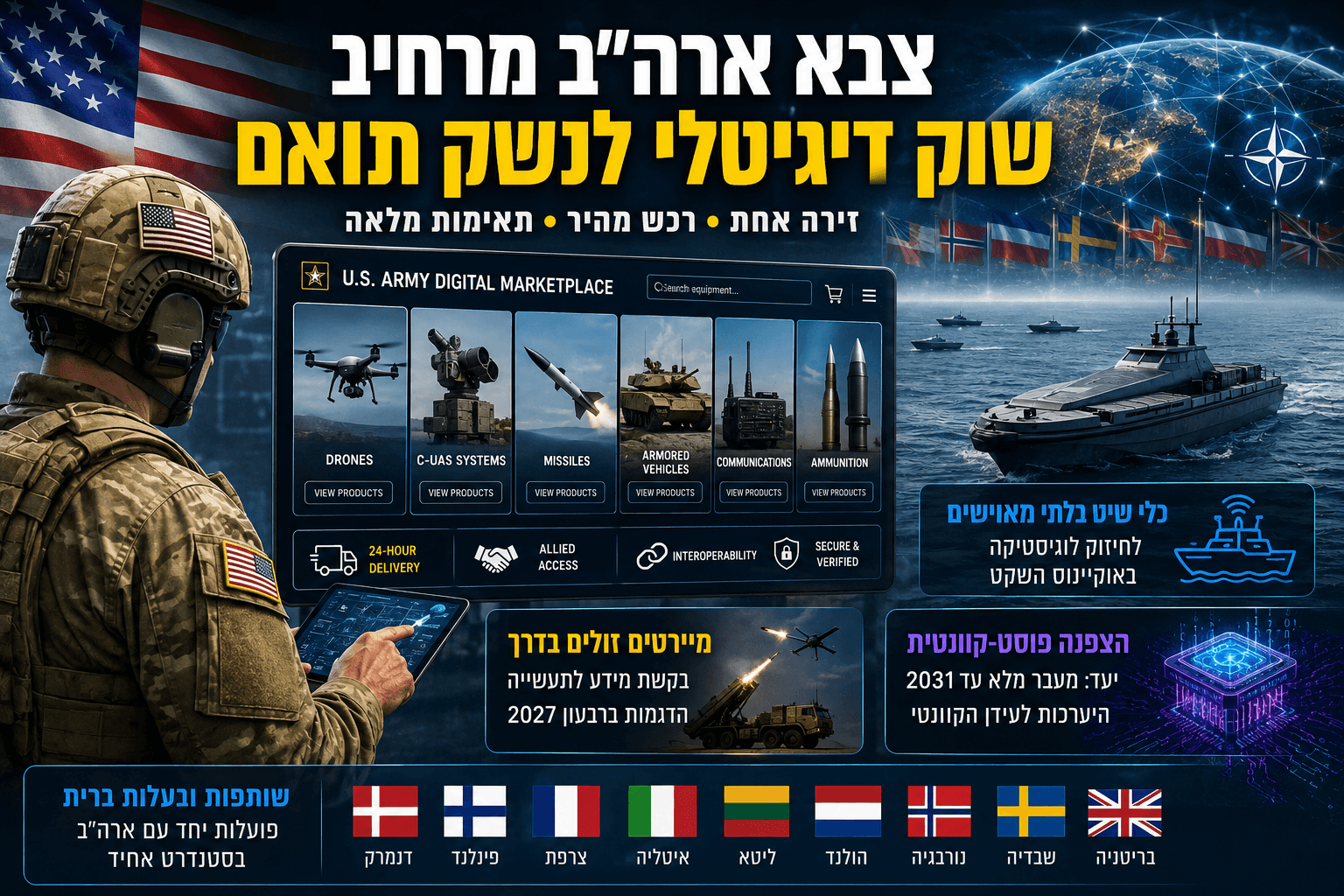 חייל אמריקאי מול שוק דיגיטלי לציוד צבאי, עם רחפנים, מיירטים, כלי רכב משוריינים, כלי שיט בלתי מאוישים ודגלי בעלות ברית נאט״ו.