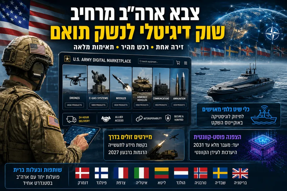 חייל אמריקאי מול שוק דיגיטלי לציוד צבאי, עם רחפנים, מיירטים, כלי רכב משוריינים, כלי שיט בלתי מאוישים ודגלי בעלות ברית נאט״ו.