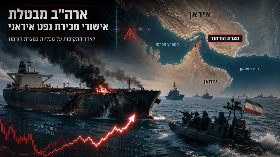 מכלית נפט בוערת במצר הורמוז לצד מפת האזור, כוחות ימיים וגרף עלייה במחירי הנפט בעקבות ביטול אישור מכירת נפט איראני.