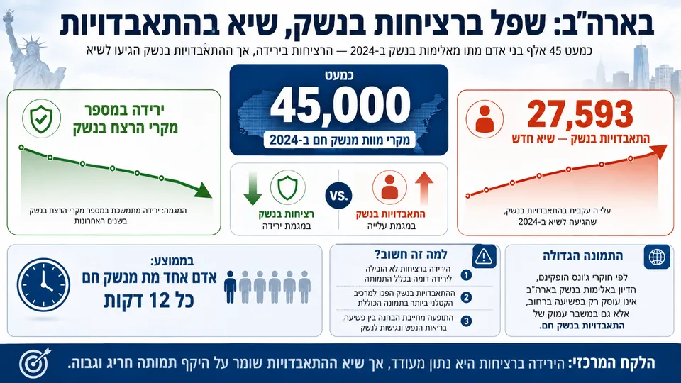 בארה"ב: שפל ברציחות בנשק, שיא בהתאבדויות