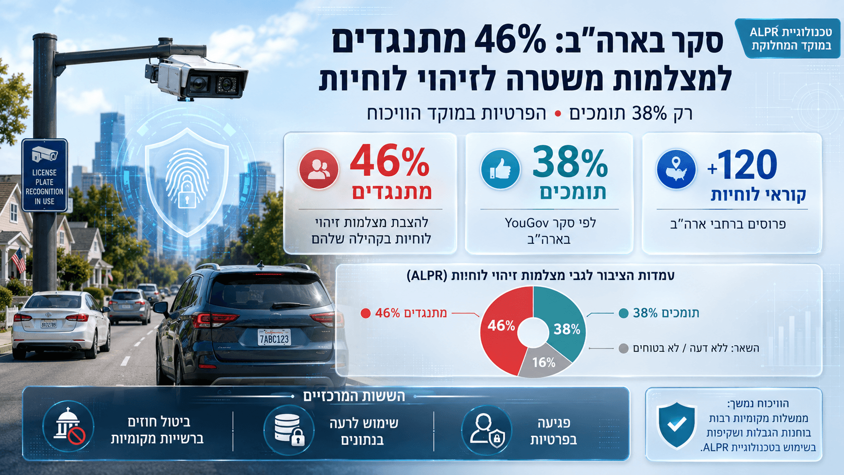 מצלמת זיהוי לוחיות רישוי מעל כביש לצד נתוני סקר על פרטיות ותמיכה ציבורית.