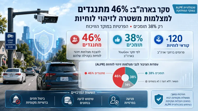 סקר בארה״ב: 46% מתנגדים למצלמות משטרה לזיהוי לוחיות