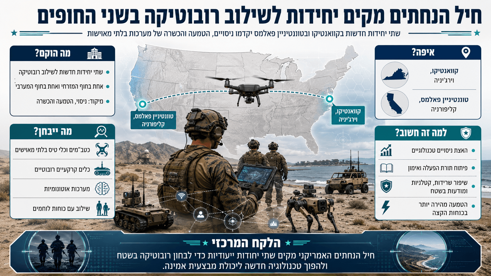 נחתים אמריקנים מפעילים רחפנים וכלים רובוטיים במסגרת יחידות שילוב חדשות בווירג׳יניה ובקליפורניה.