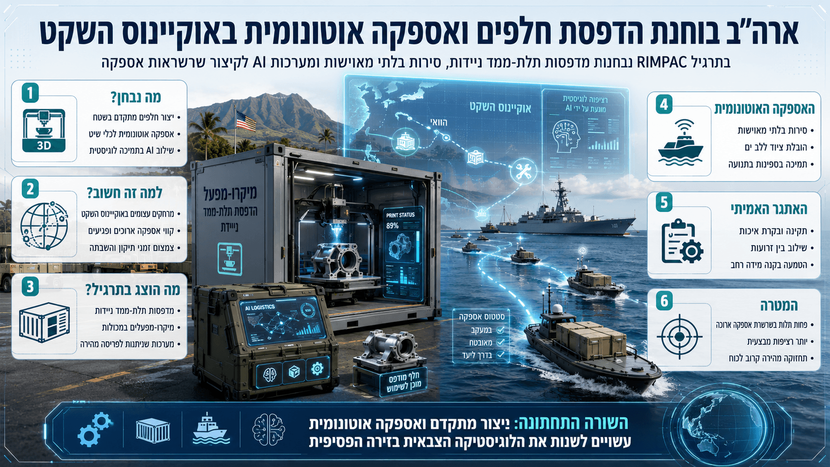 מדפסת תלת־ממד ניידת וסירות אספקה אוטונומיות בתרגיל RIMPAC באוקיינוס השקט.