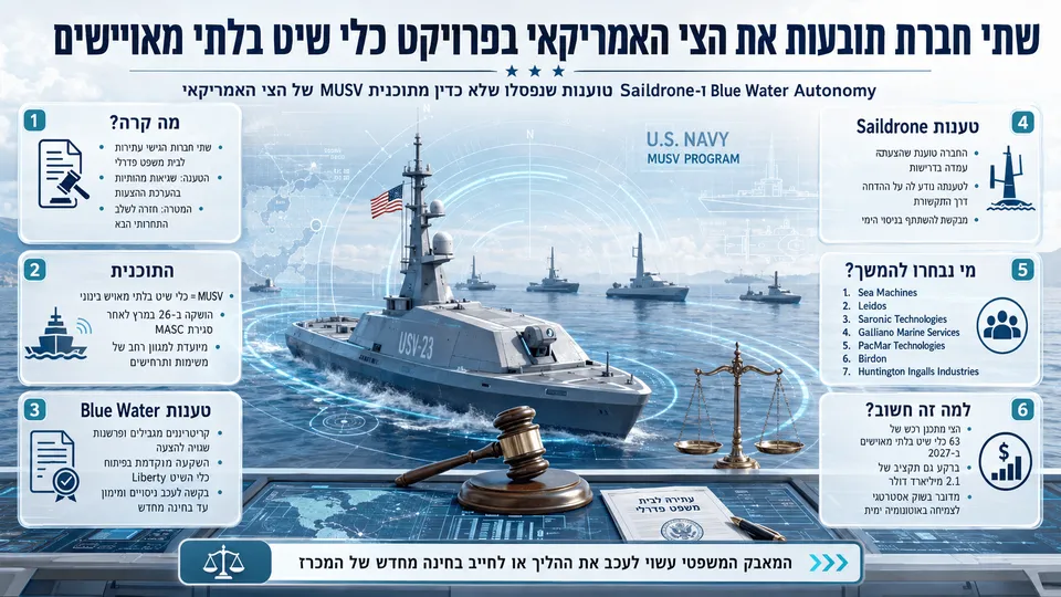המחשה של מאבק משפטי סביב תוכנית MUSV של הצי האמריקאי לכלי שיט בלתי מאוישים, לאחר פסילת Blue Water Autonomy ו-Saildrone.