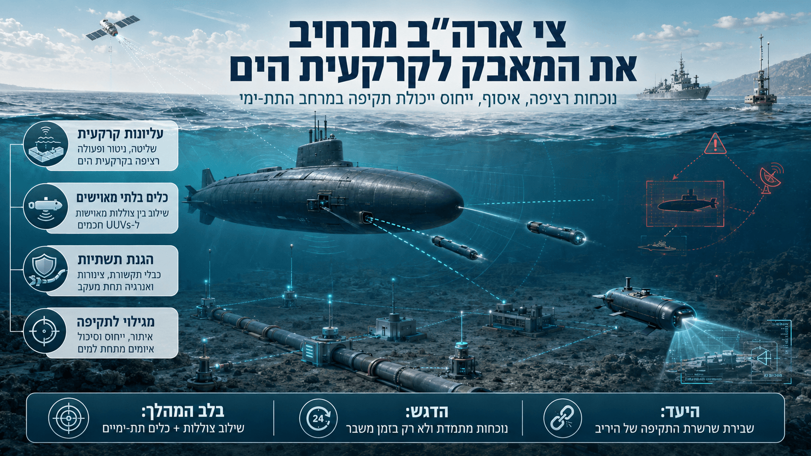 צוללת אמריקאית וכלים תת־ימיים בלתי מאוישים פועלים סביב תשתיות בקרקעית הים לצורכי גילוי, הגנה ותקיפה.