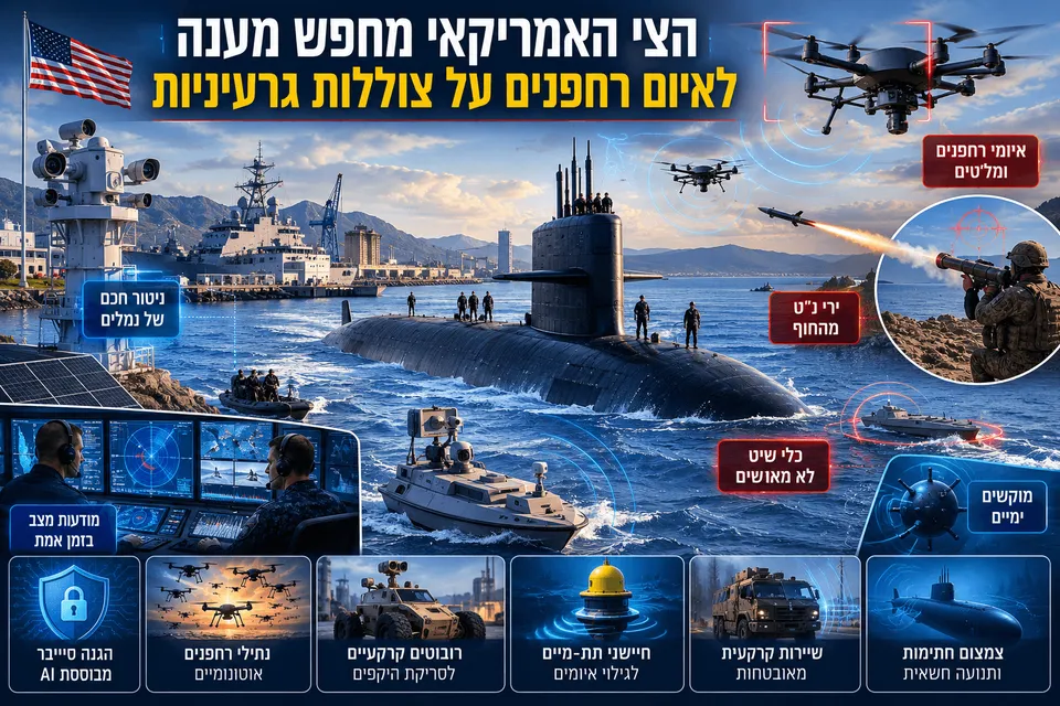 אינפוגרפיקה צבאית המציגה צוללת גרעינית אמריקאית סמוך לנמל, מוקפת ברחפנים, כלי שיט לא מאוישים, מוקשים ימיים, חיישנים ומערכות הגנה מתקדמות.