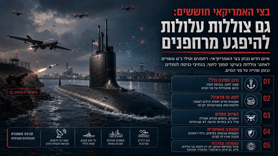 תמונה חדשותית־ביטחונית המציגה צוללת אמריקאית סמוך לחוף ולבסיס ימי, כשמעליה רחפנים וטיל נ״ט מאיימים עליה, לצד שכבות מידע בעברית על פגיעות צוללות בזמן כניסה לנמל, שהייה על פני הים או תנועה בקרבת חוף.