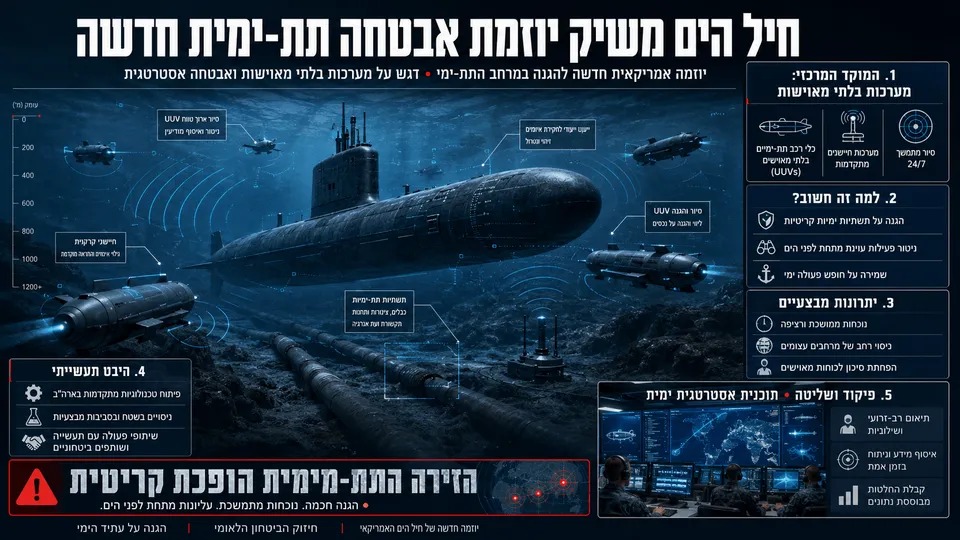 אינפוגרפיקה המציגה צוללת אמריקאית מתחת למים, כלי UUV בלתי מאוישים, חיישנים תת־ימיים ומרכז שליטה להגנה על נכסים אסטרטגיים.