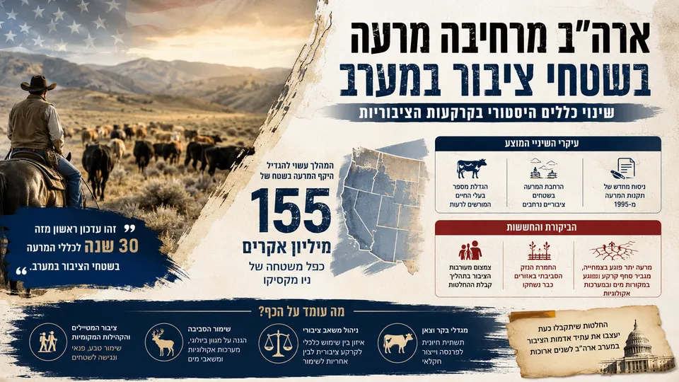 בקר רועה בשטחי ציבור במערב ארה״ב לצד מפה המדגישה הרחבת מרעה על פני 155 מיליון אקרים.
