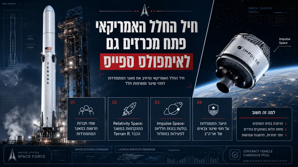תמונה חדשותית־טכנולוגית המציגה משגר חלל כבד לצד חללית מסלולית מעל כדור הארץ, עם שכבות מידע בעברית על הרחבת מאגר המתמודדות של חיל החלל האמריקאי, הצטרפות Relativity Space וכניסת Impulse Space לתחרות על חוזי שיגור צבאיים.