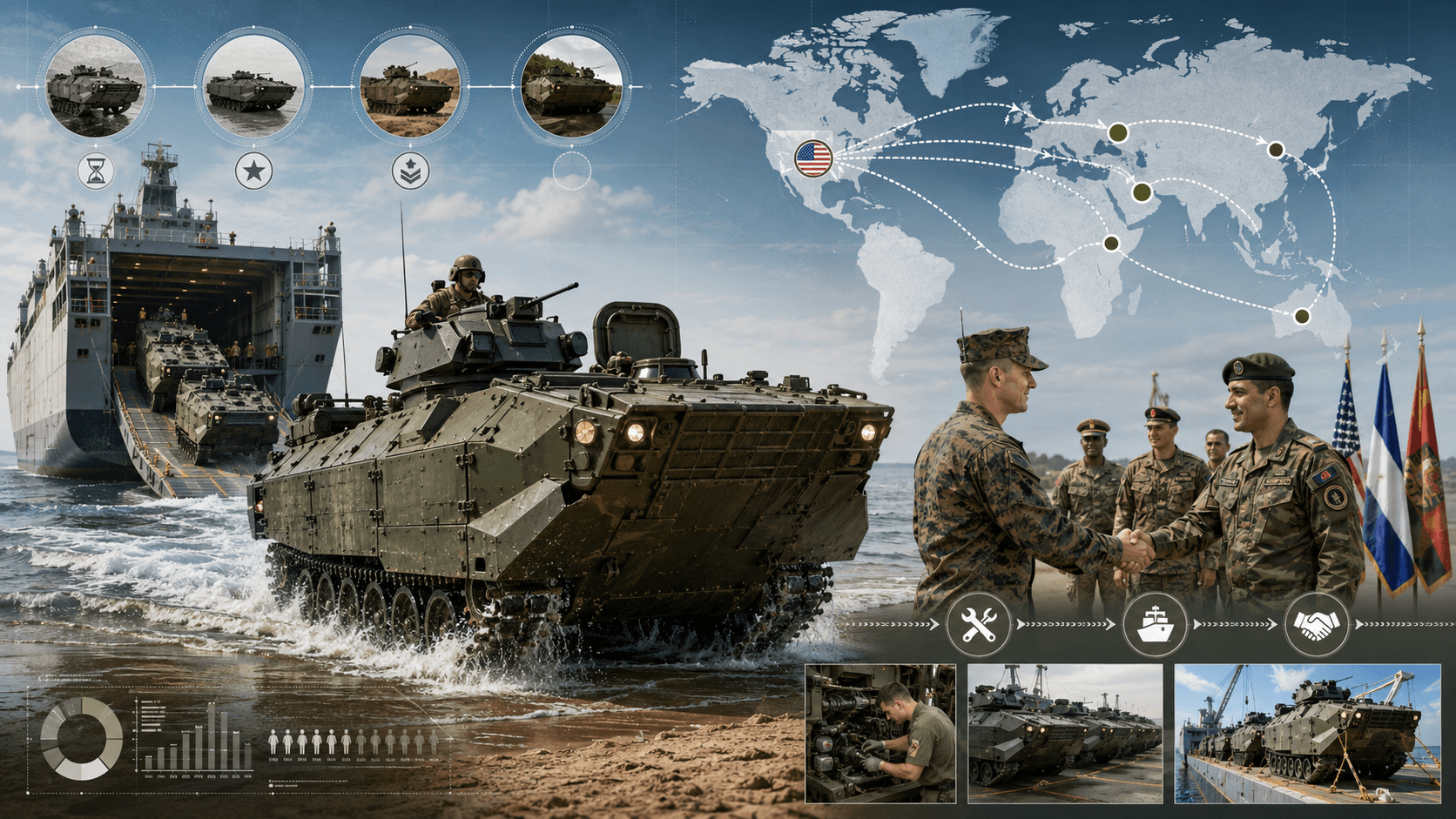 נגמ״ש סער אמפיבי מדגם AAV יוצא מספינת נחיתה אמריקאית ומתקדם מן הים אל החוף, לצד נציגי צבאות ידידותיים הלוחצים ידיים. ברקע מוצגת מפת עולם עם נתיבי העברה מארה״ב למדינות שותפות, וכן תמונות של תחזוקה, שינוע והכנת הכלים לשירות מבצעי חדש.