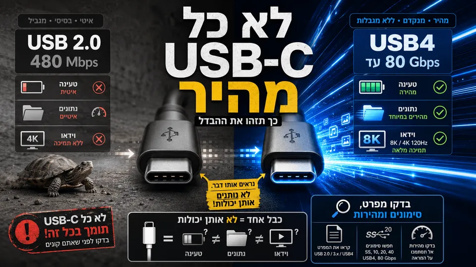 אינפוגרפיקה חדשותית בעברית המשווה בין חיבור USB-C איטי בתקן USB 2.0 לבין חיבור USB4 מהיר, עם שני כבלי USB-C זהים למראה, נתוני מהירות, סמלי טעינה, העברת נתונים, וידאו וסימוני בדיקה לפני רכישה.